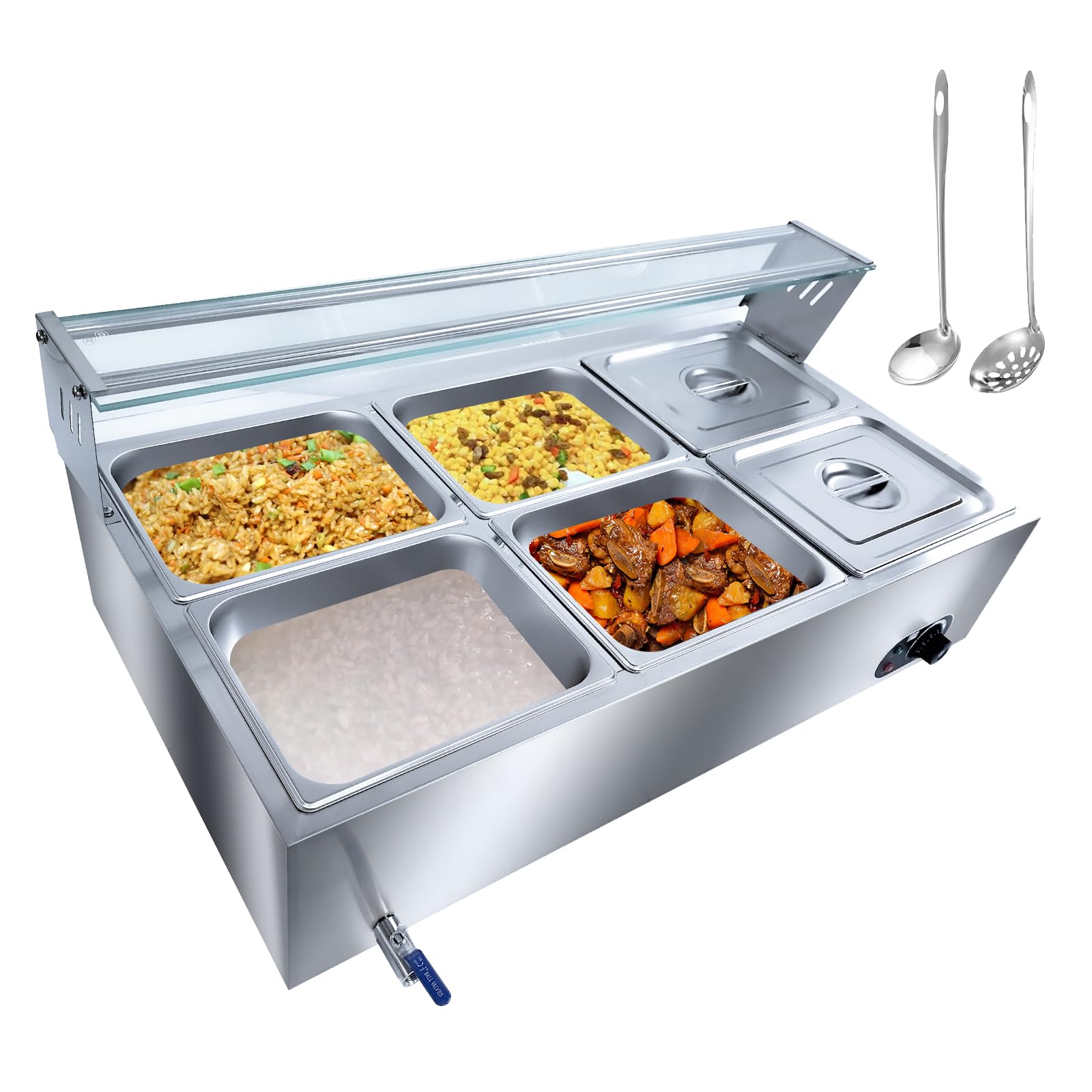 Photo 1 of ******Photo and description are for reference only******6-Pan Commercial Food Warmer, 72 Qt Electric Steam Table, Stainless Steel Bain Marie with Tempered Glass Cover, 1500W Countertop Food Warmer 86-185°F Temp Control for Catering, Restaurant, Silver