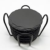 8 Pack 4 inch Round Slate Coasters with Metal Holder,Handmade Natural Rough Edge,with Integral Anti-Skid pad,Laser Engraving Blanks,Stone Coasters