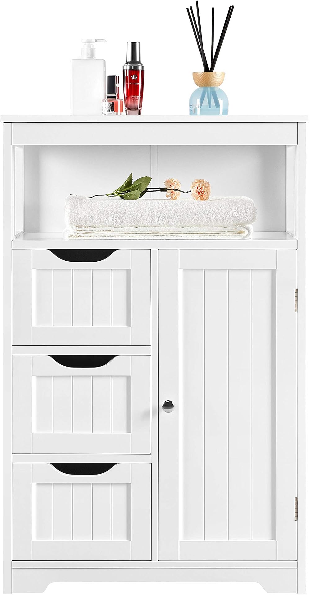 Yaheetech White Floor Cabinet with 3 Drawers and Door Adjustable Shelf