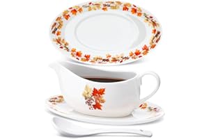 Teenyyou 13.5 oz Fall Gravy Boat with Ladle and Saucer Thanksgiving Autumn Maple Leaf Ceramic Gravy Bowl with Tray Dripless Lip Spout Serveware Set Microwave Dishwasher Safe for Salad Cream Milk