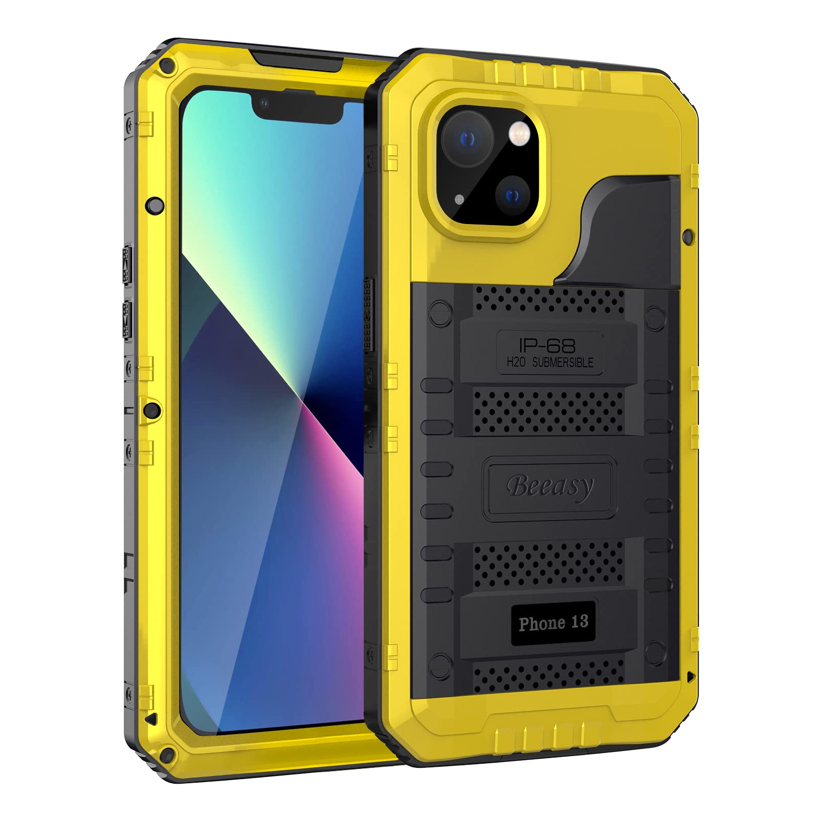 Beeasy for iPhone 13 Case Waterproof Heavy Duty Shockproof Tough Metal Armour Cover Dustproof Built-in Screen Protector, Robust 360 Full Body Military Protective Rugged Case for iPhone 13,Yellow