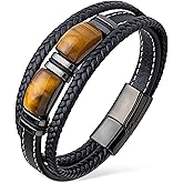VANFORWYN Tiger Eye Bracelet Men Multilayer Black Braided Genuine Leather Bracelet Natural Spiritual Stone Protection Bracelet Courage Jewelry Stress Relief Gift for Men