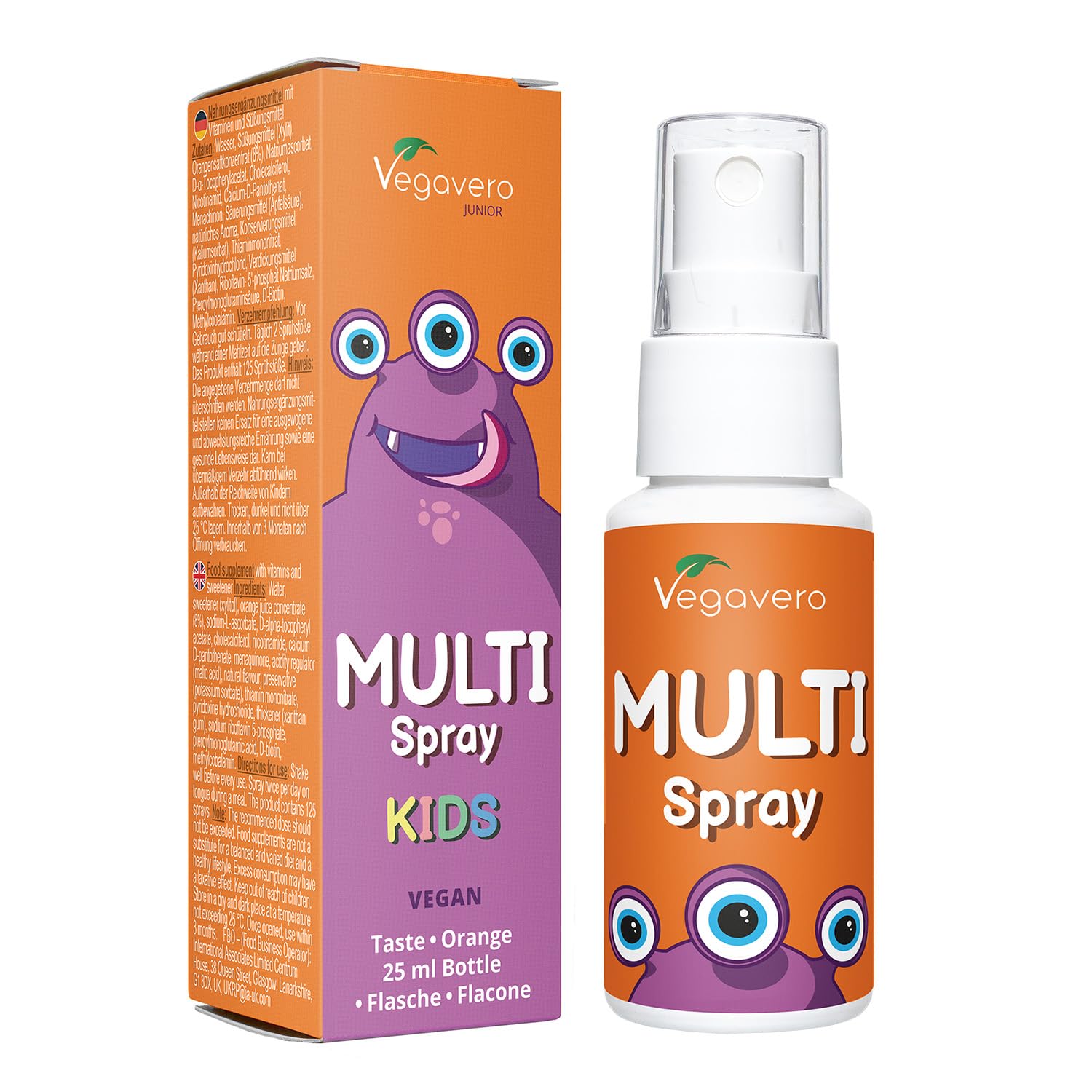 Vegavero Multivitamin for Kids Spray | No Added Sugar | NO Additives | Natural Orange Flavour | with Vitamin C, D3, E, K2 & All B Vitamins | 125 Sprays | Vegan