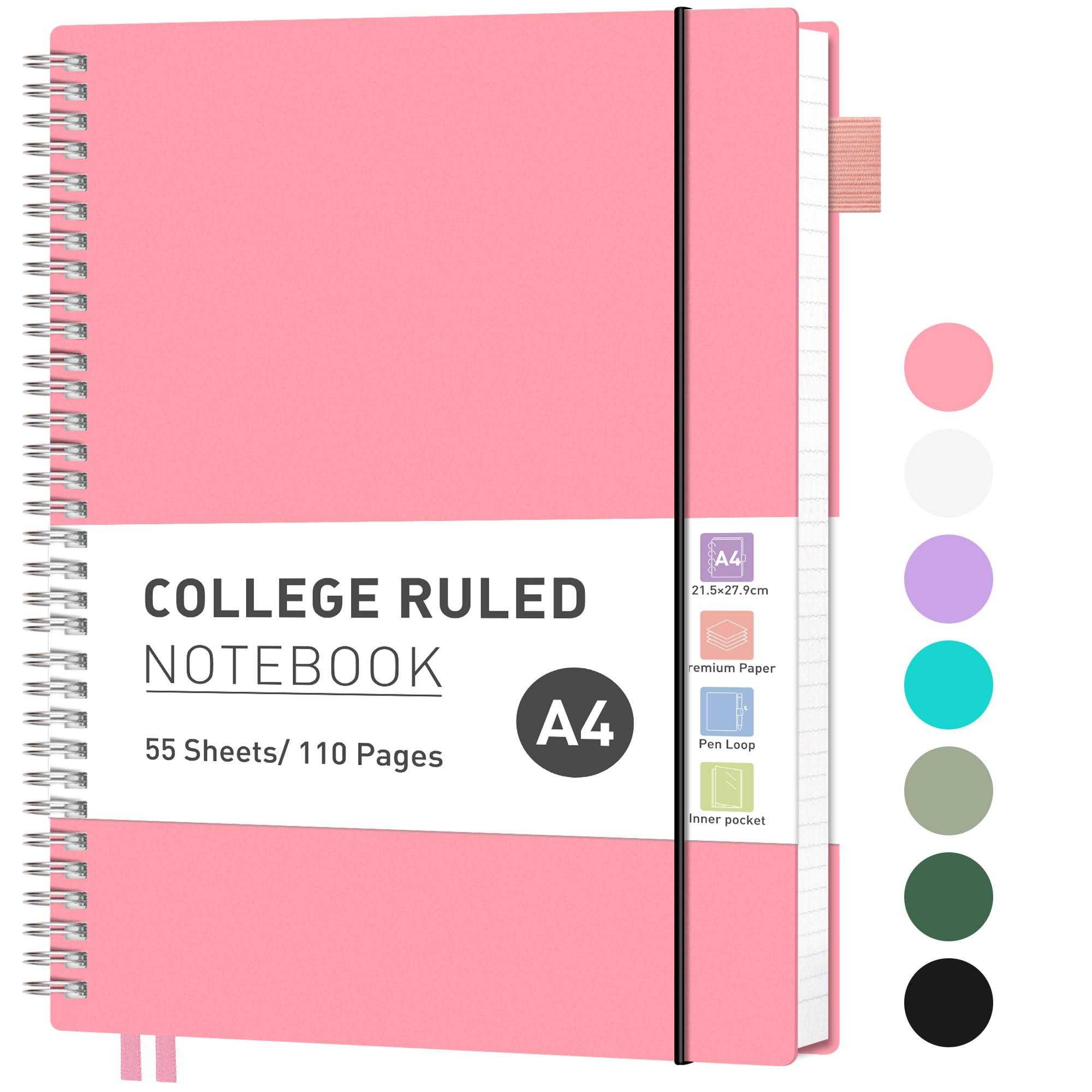 RETTACY A4 Notebook, Lined Wirebound Spiral Notebook College Ruled Paper 110 Pages for Writing, Journals for Women 100gsm, PVC Pocket, Pen Loop, Ruler, Bookmark, 21.5 x 27.9cm - Pink
