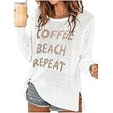 Verdusa Women's Beach Cover Up Sweaters Letter Print Long Sleeve Crochet Crew Neck Knit Sweater Summer Tops