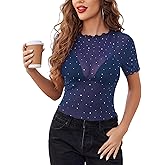 Avidlove Women Mesh Tops Short Sleeve Rhinestone Shirts Sheer Blouse Sexy Going Out Tops Sparkly Party Tops Summer