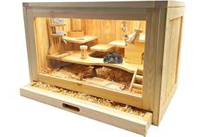 Rubor Hamster Cage Wooden Hamster Cages and Habitats for Dwarf Hamster, Guinea Pig, Chinchilla, 2-Tiers with Shelf and Ladder, Openable Top, Pull-Out Tray, Natural Wood