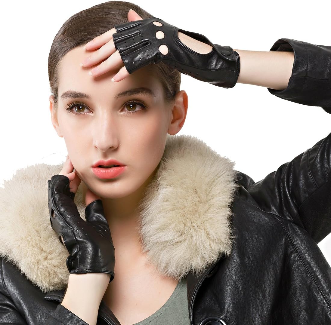 Nappaglo Women's Classic Half Finger Leather Driving Gloves Fingerless Lambskin Fitness Outdoor Unlined Gloves