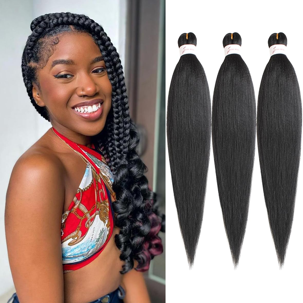 Kachanaa 16 Inch Pre Stretched Braiding Hair 3 Packs EZ Braids Yaki Hot Water Setting Kanekalon Hair for Braiding Yaki Texture Black Pre Stretched Braiding Hair Extensions 1B#