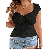 SOLY HUX Women's Plus Size T Shirt Eyelet Embroidery Sweetheart Neck Cap Sleeve Ruched Tee Going Out Tops