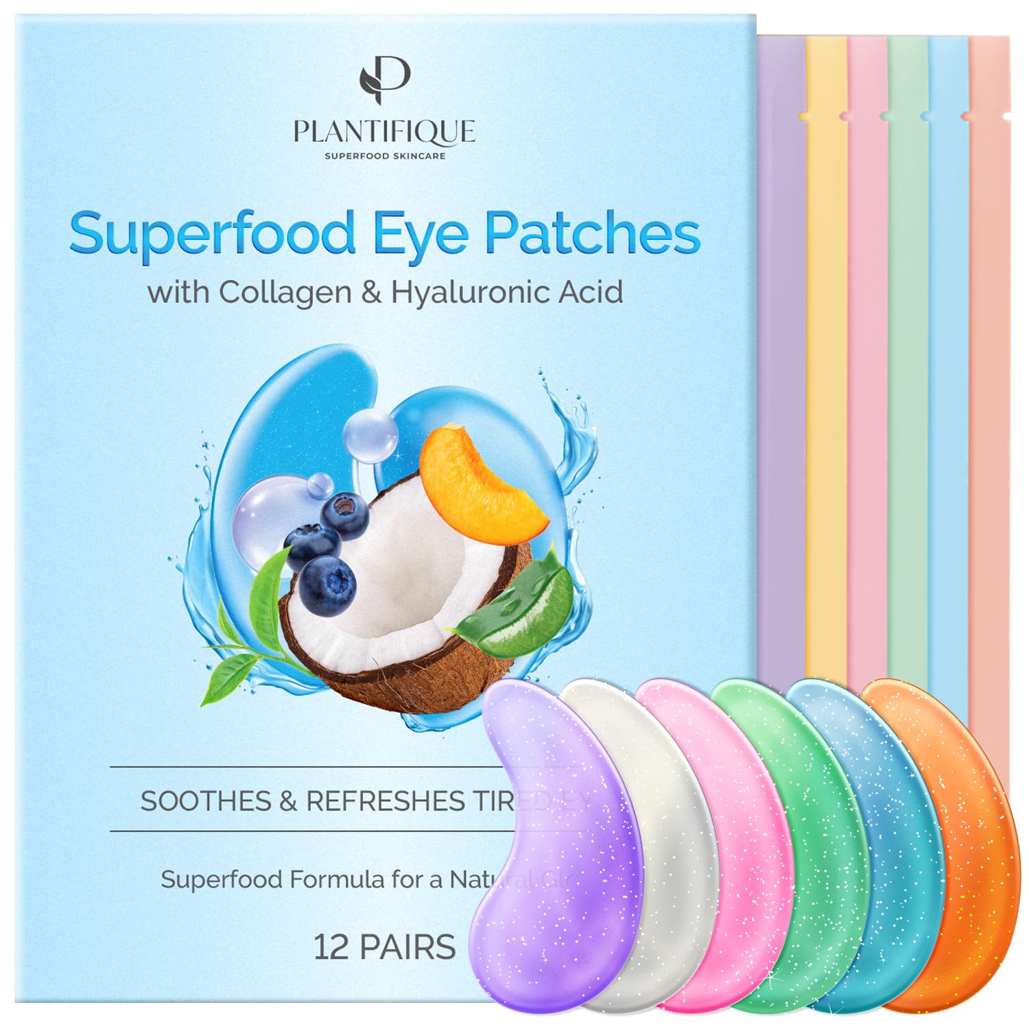 Plantifique Superfood Under Eye Gel Patches – 12 Pairs Hydrating Masks with Hyaluronic Acid & Collagen for Dark Circles & Puffiness – Skincare Gift for Women & Men