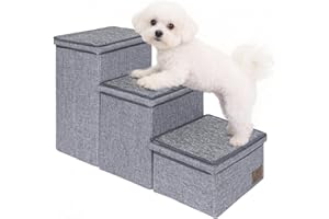 AKOZLIN Dog Stairs with Storage 3 Steps Foldable Pet Stairs for Sofa/Couch/High Bed Climbing Pet Steps with Non-Slip Cover Ca