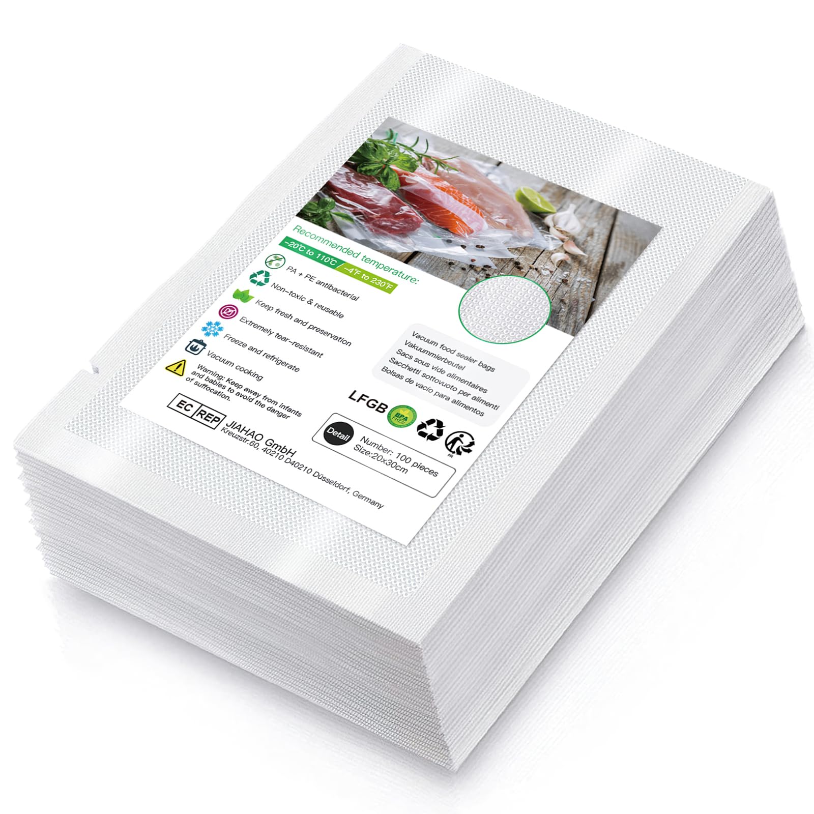 Vacuum Food Sealer Bags 20x30cm 100 Bags Commercial Grade Textured Food Vacuum Sealer Bag Thick Embossed Bags Upgrade Design Pre-Cut Bag BPA Free for Food Storage Sous Vide Cooking