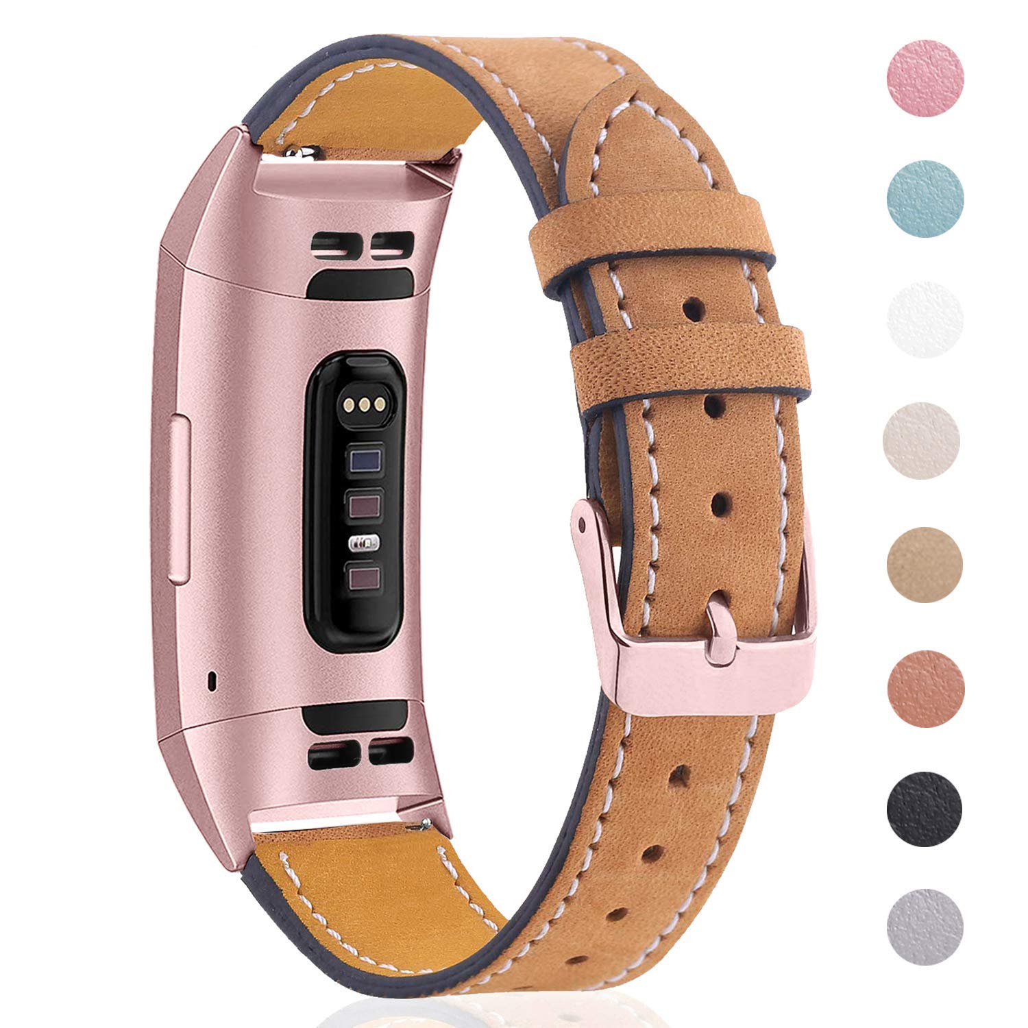 Mornex Strap Compatible with Charge 3/3 SE/Charge 4 Leather Strap, Classic Adjustable Replacement Wristband Fitness Accessories Metal Connectors