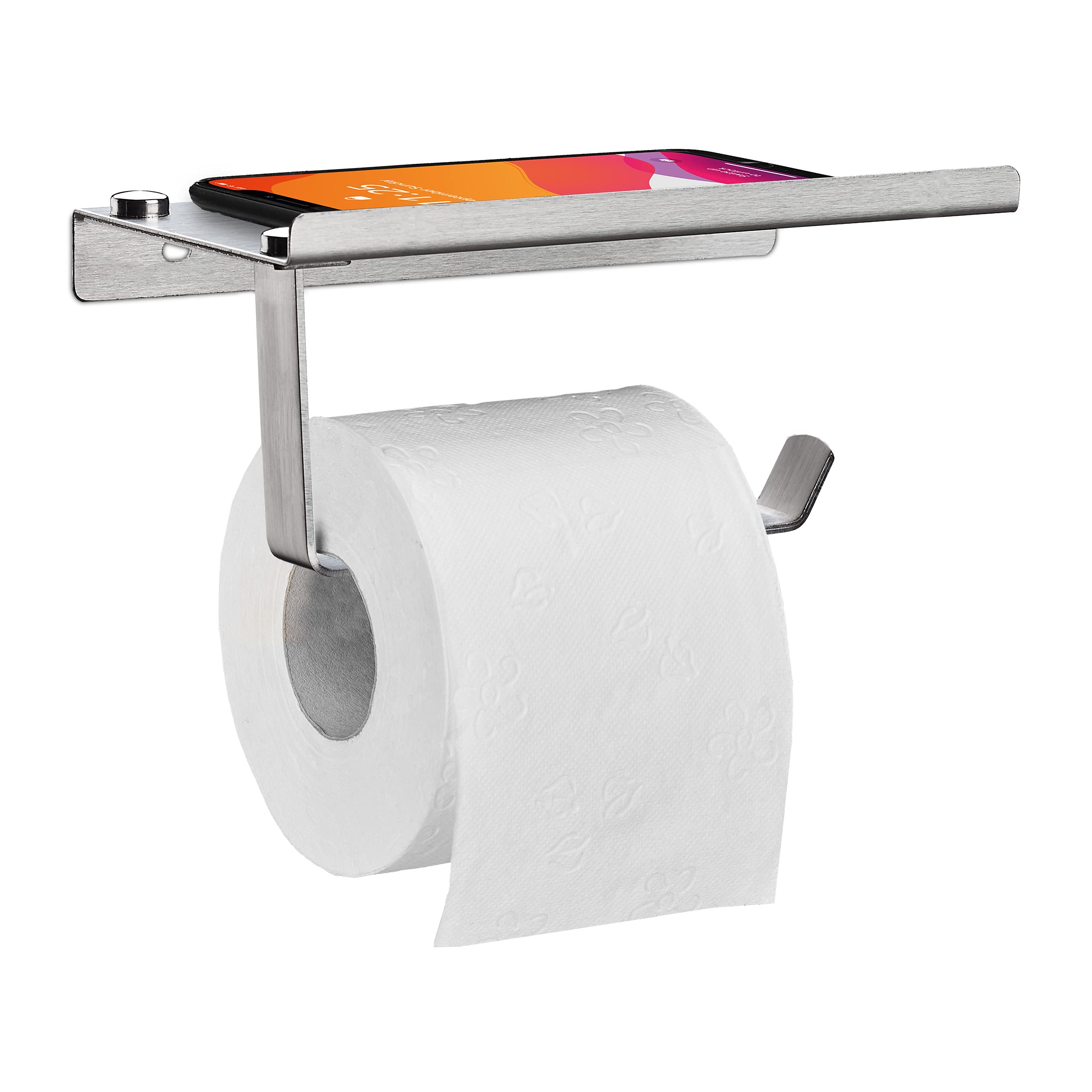 Relaxdays Toilet Roll Holder, Wall Shelf, Phone Holder, Bathroom, Wooden, Storage, Steel, HxWxD: 8 x 18 x 9.5 cm, Silver