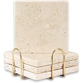 4pcs 4" Travertine Marble Coasters for Drinks Natural Coasters Set,Square of Stone Drink with Gold Cup Holder,Non Slip Cork Backing,Protect Tables from Stains Scratches Housewarming Gift, Wedding