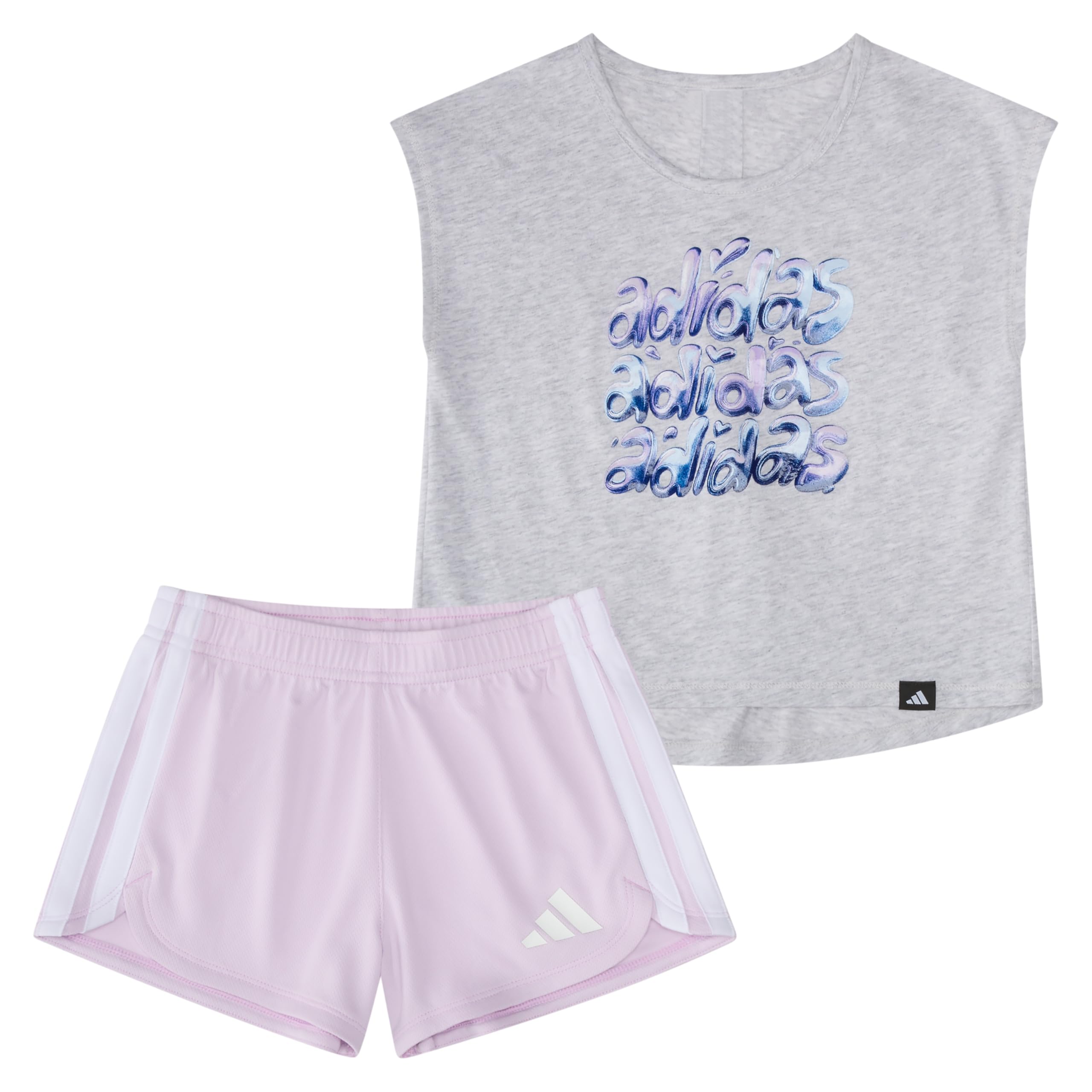 adidas baby-girls 2-Piece Short Sleeve Back Pleated Heather Tee & Mesh Short Set, Light Grey Heather, 24M
