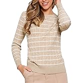 Allegra K Striped Sweater Tops for Women's Cable Knit Round Neck Fall Winter Pullover Sweaters Trendy