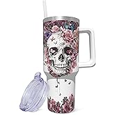 ZNYYZYBA 40 oz Tumbler with Handle and Straw, Stainless Steel Insulated Skull Tumbler 40 oz, Reusable Skull Coffee Mug with Leak Proof Lid, Skull Gifts for Women