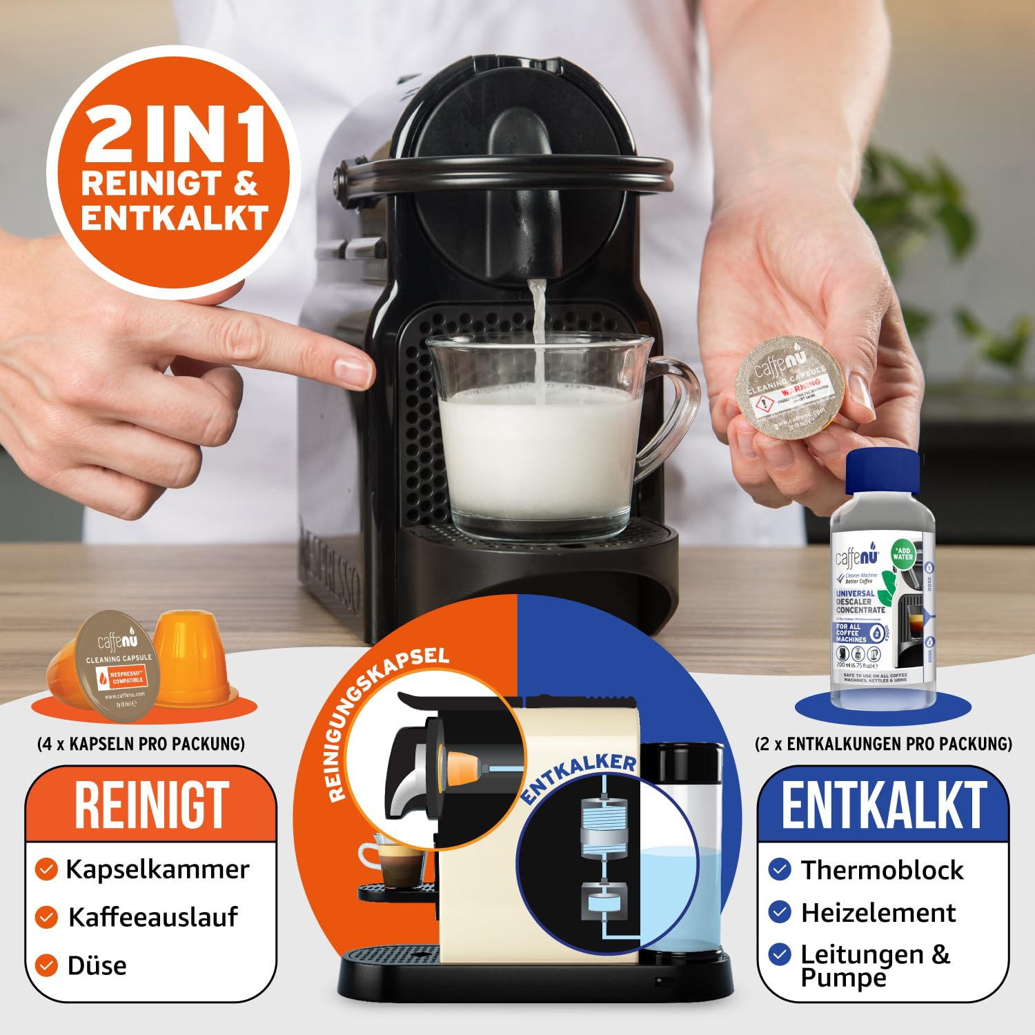 Caffenu Nespresso Original kompatibles Reinigungs-Set | 2x Flüssig Entkalker | 4x Reinigungskapseln | Verhindert Maschinenausfälle | Natürliche Formel | Für perfekten Kaffeegenuss | 4-Monats-Packung 6