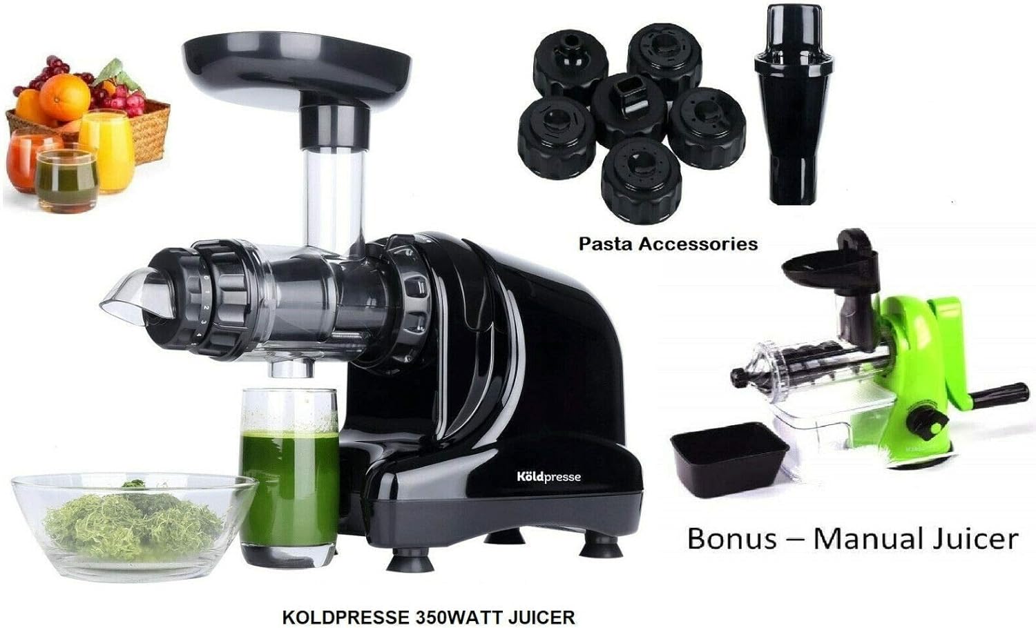 KoldPresse Horizontal Cold Press Juicer Slow Macerating for Healthier Juicing and Higher Yield - 3pc Complete Set