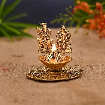 Collectible India Laxmi Ganesha Idol Showpiece Oil Lamp Diya Deepak - Metal Lakshmi Ganesh Statue - Diwali Home Decoration Items