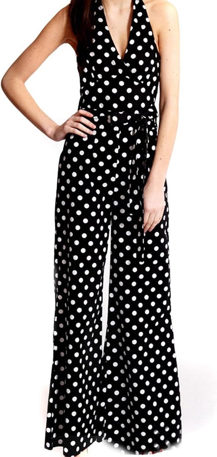 Vechell Long Dot V-Neck Polka Backless Sexy Deep Sleeveless Jumpsuits