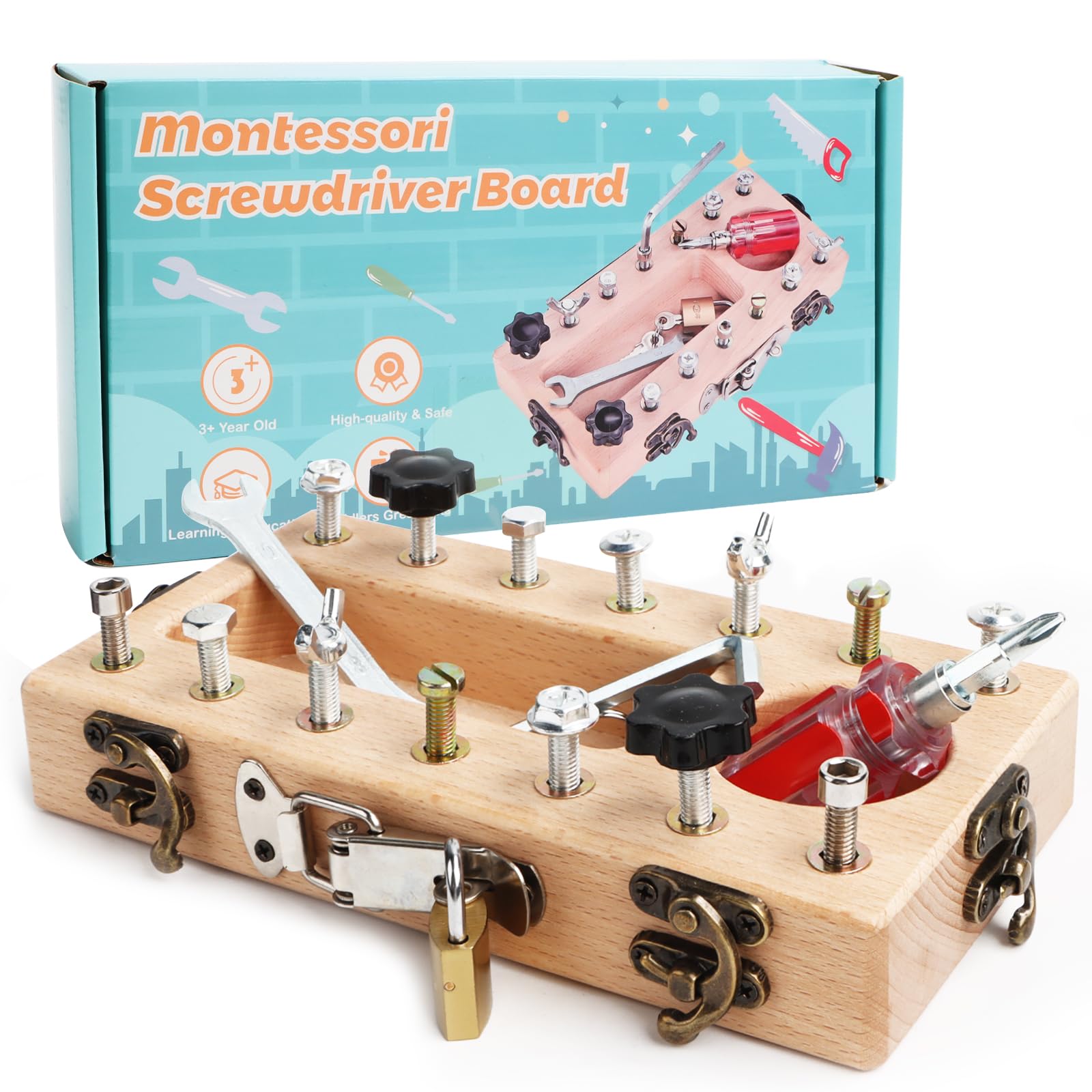 KFDDRN Montessori Screwdriver Board Set, Montessori Toys for 3-5 Year Olds, Children's Wooden Toys, Wooden Screw Board, Motor Skills Toys, Gift for Girls and Boys