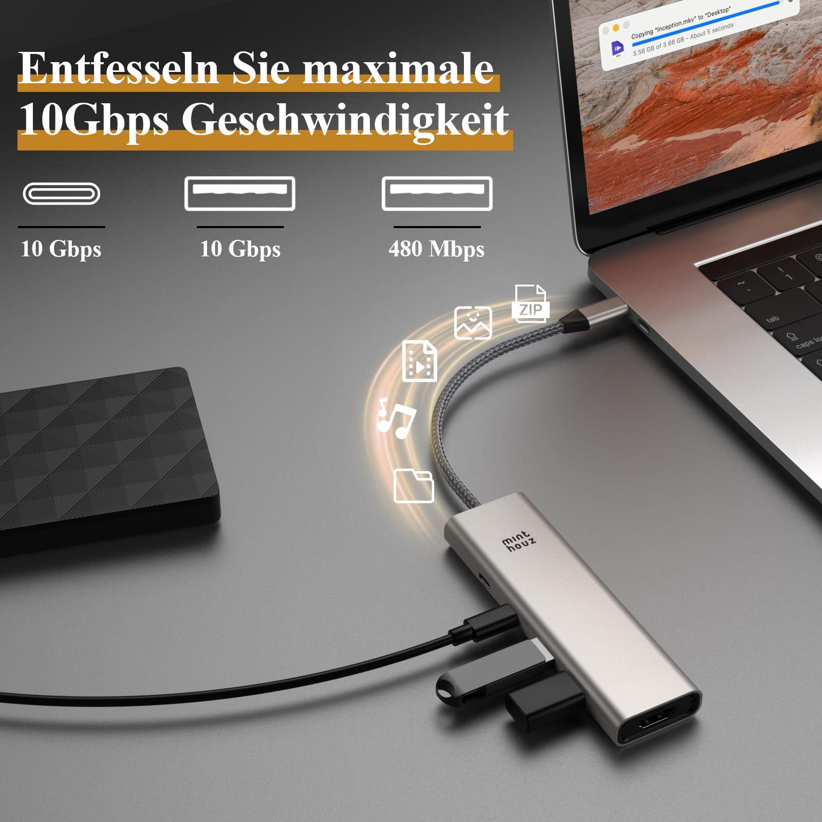 Minthouz USB C Hub, 5 in 1 USB-C Multiport Adapter, 125W PD, HDMI 4K@60Hz, 2×USB-A Port, 1×USB C 10Gbps, USB C Docking Station für Dell HP Lenovo MacBook Pro/Air/IPad Pro IMac Laptops iPhone 15 Serie 4