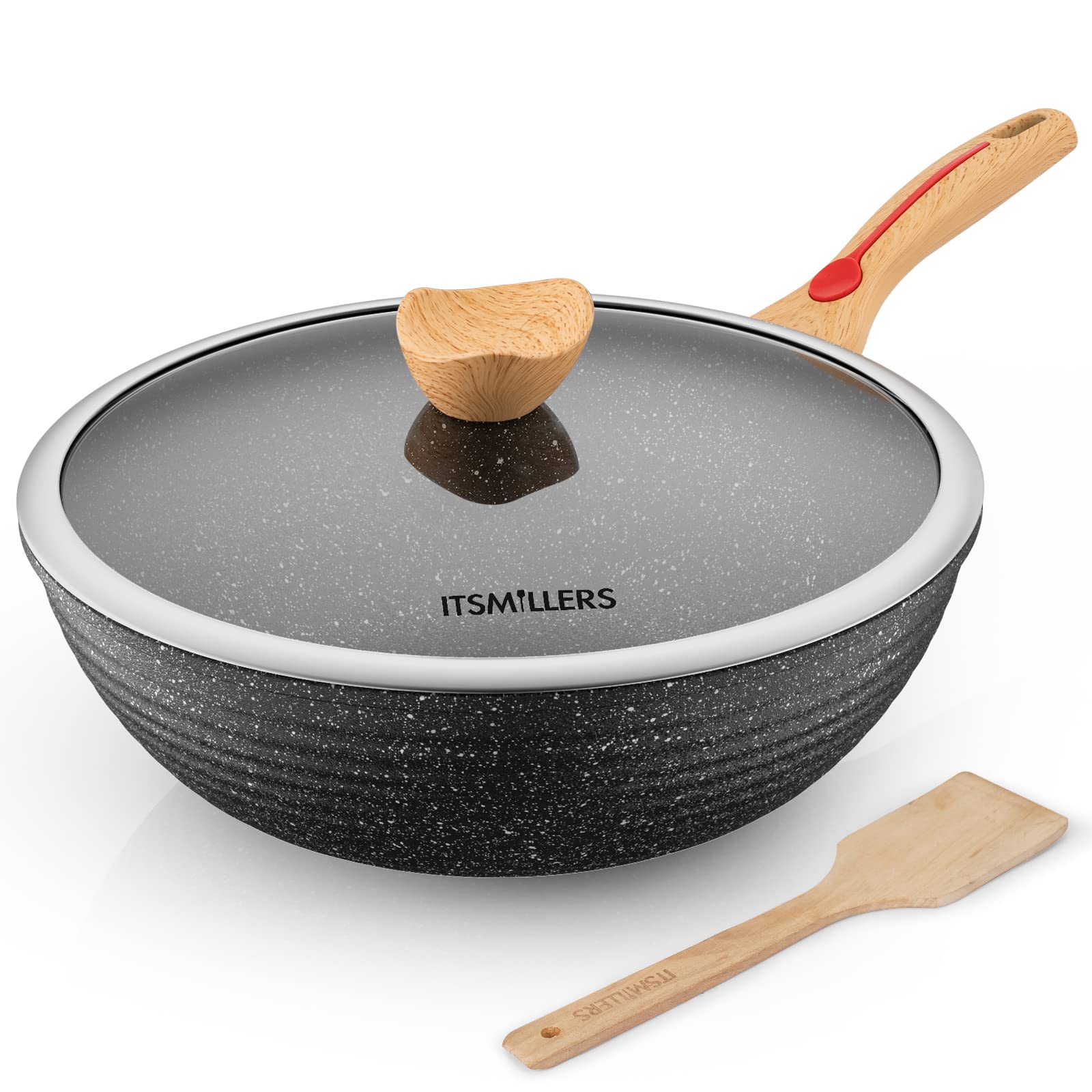 Photo 1 of ITSMILLERS Nonstick Wok Aluminium Die-casting Chinese Wok, Scratch Resistant With Lid and Spatula, PFOA-Free, Dishwasher Safe & Induction Bottom,12 Inch,6L,Large Capacity