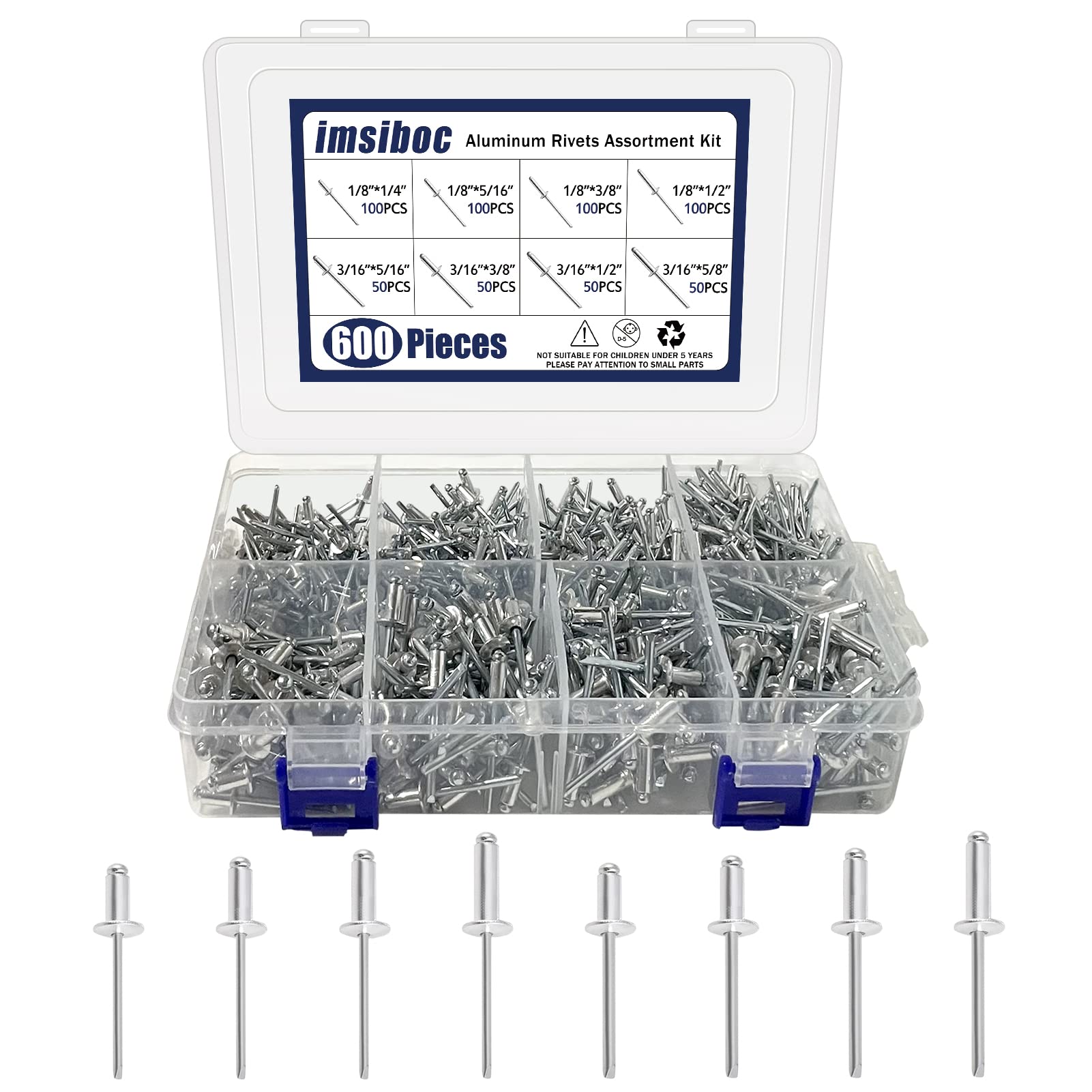 600PCS Aluminum Blind Rivets, 8 Sizes of Pop Rivets Assortment Kit（1/8