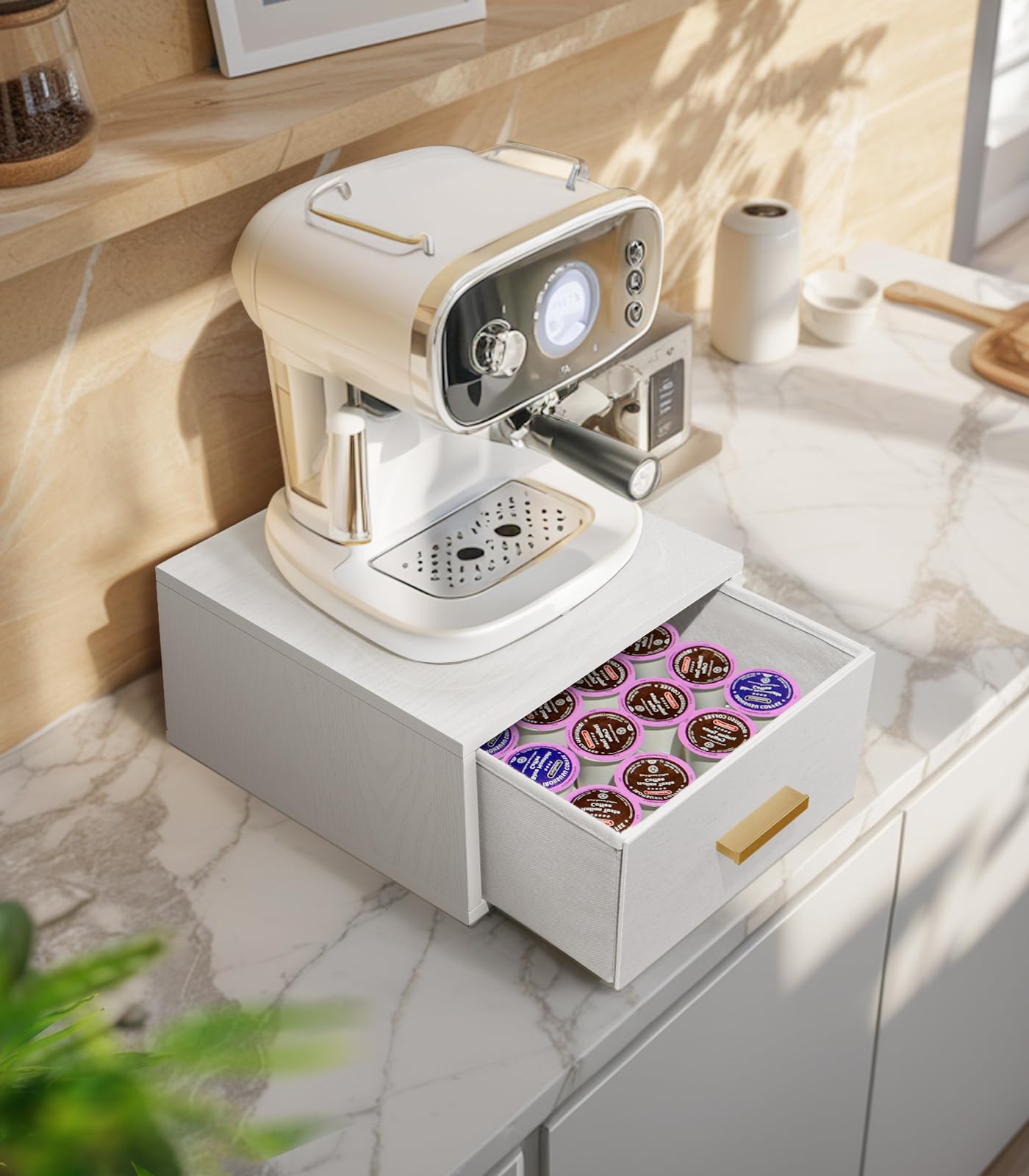 Mini Fridge Stand Holder with Drawer, Wood Vanity Organizer Countertop, Stackable Storage Drawer Box, Bathroom Counter Organizer, K-cup Coffee Pod Holder Drawer, White（Mini Fridge not included) - Image 6