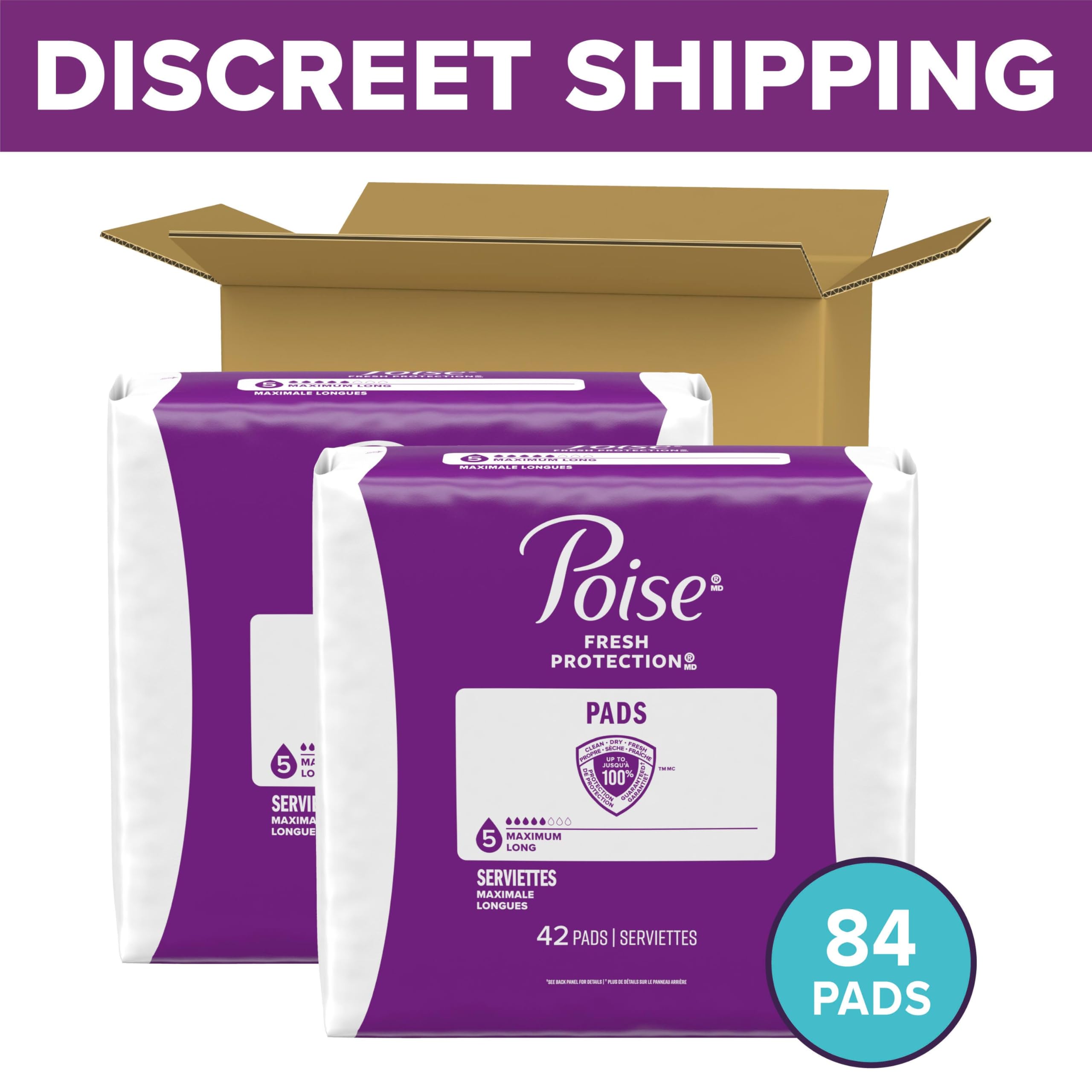 Poise Incontinence & Postpartum Pads for Bladder Leaks, 5 Drop Maximum Absorbency, Long Length, 84 Count, Packaging May Vary