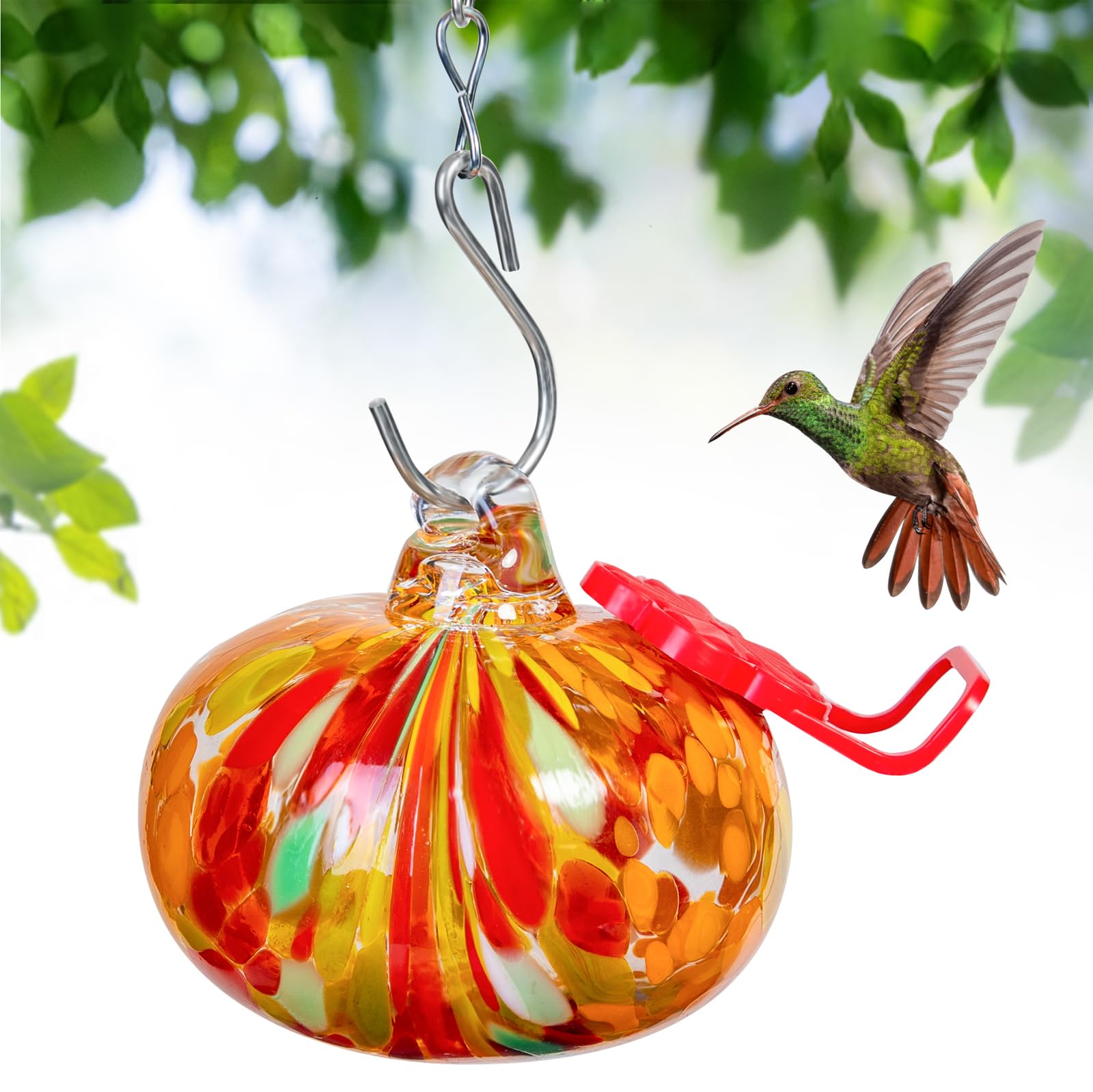 Photo 1 of Small Hummingbird Feeder for Outdoors,Hand Blown Glass Humming Bird Feeders with Perch,Leak-Proof,Perfect for Windows, Gardens, Patios & Backyard (Orange)