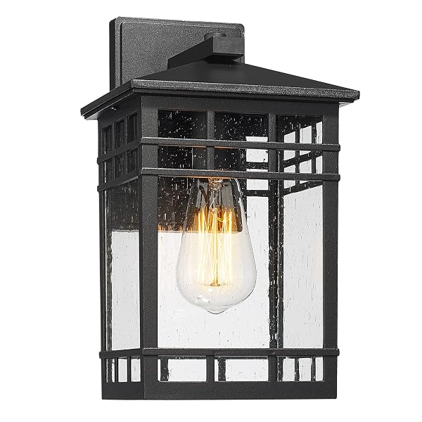 OUTDOOR WALL LANTERN, EXTERIOR WALL MOUNT LIGHT FIXTURE, BLACK OUTSIDE PORCH SCONCE LIGHTING WITH SEEDED GLASS, WATERPROOF OUTDOOR WALL LIGHT FOR PATIO FRONT DOOR ENTRYWAY