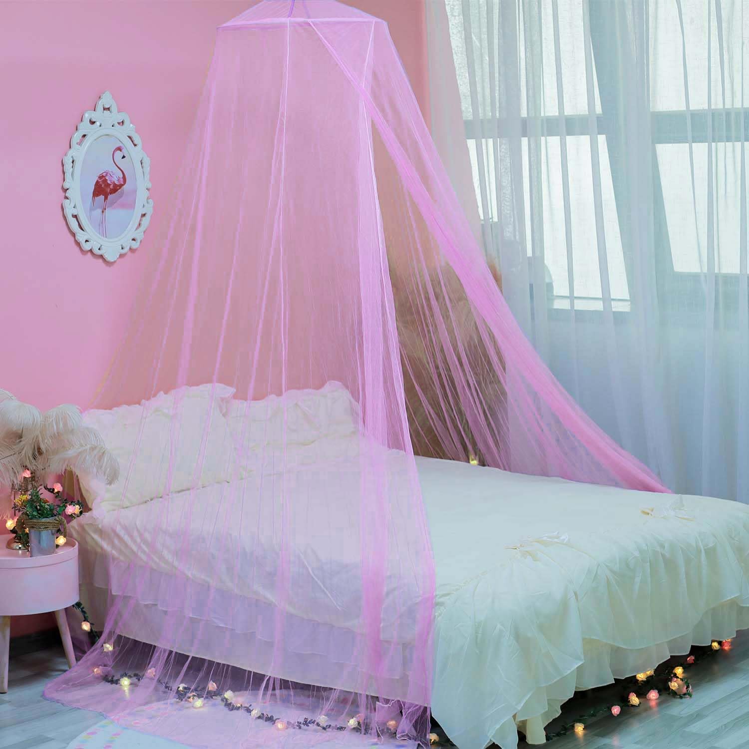 Wnqou Mosquito Net for Bed, Large Dome Canopy Mosquito Net for Single/Double Bed, Girls Room Drcor,Easy Installation for Travel and Home (Pink)