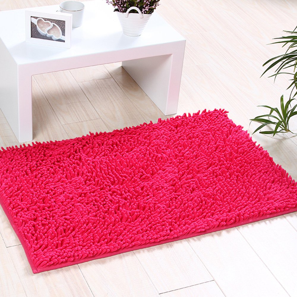 Eleoption Soft Shag Bath Mat Rug Kitchen Rug Door Way Feet Mat Anti-slip Strip Absorbent Doormat Bathroom Shower Rugs Shaggy Carpet (45 * 70 CM) (Rose)