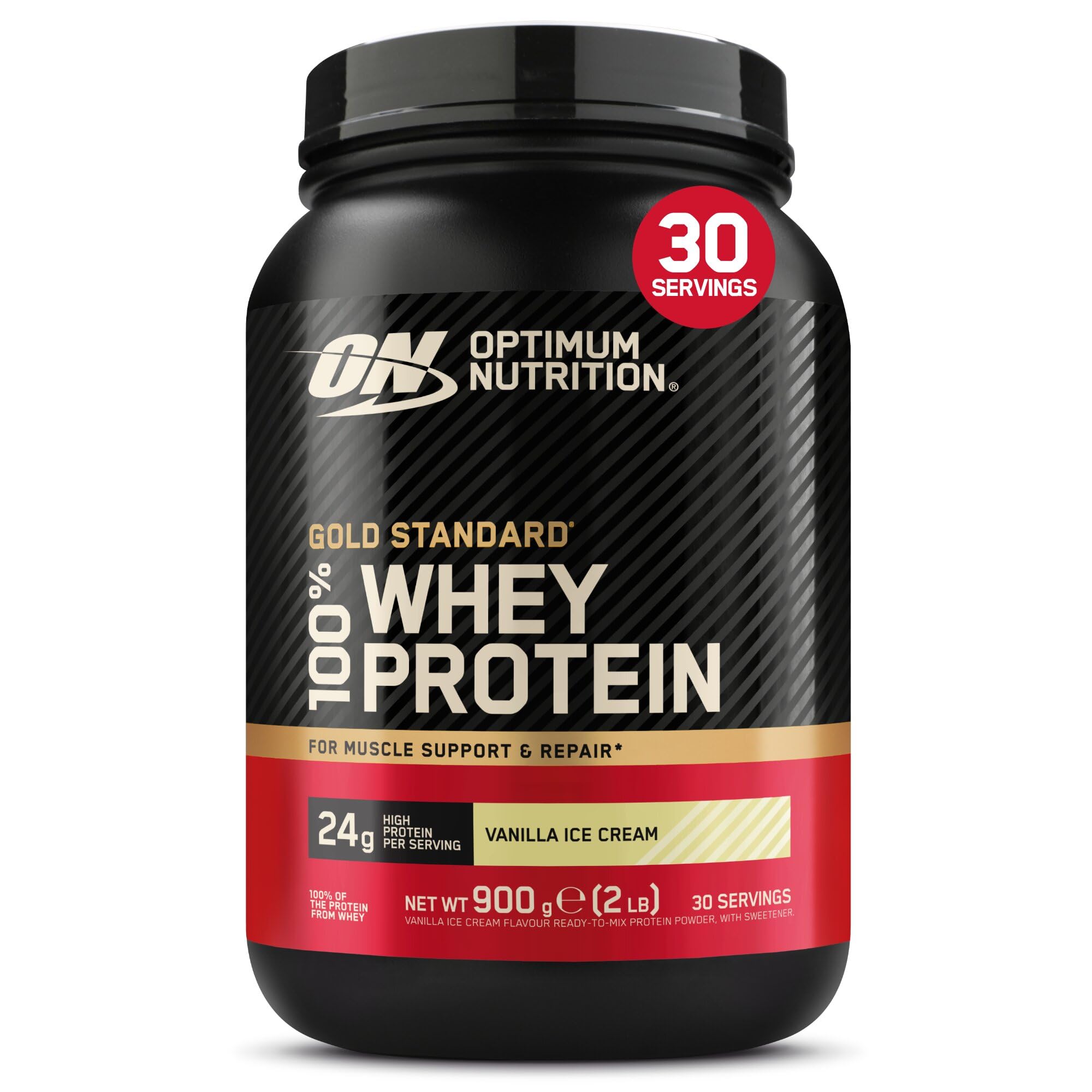 Optimum Nutrition Gold Standard 100% Whey Muscle Building and Recovery Protein Powder With Naturally Occurring Glutamine and BCAA Amino Acids, Vanilla Ice Cream Flavour, 30 Servings, 900 g — image 1