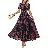MEROKEETY Women' Summer Floral Maxi Dress 2026 Spring Mesh Short Sleeve Flowy Wedding Guest Beach Long Dresses