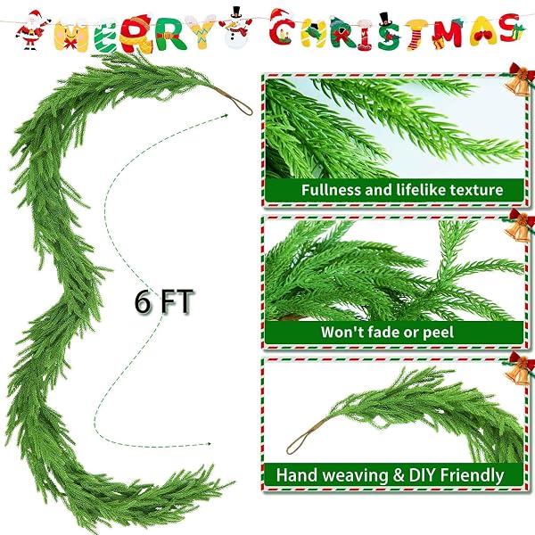 HORYNAR 2 PCS CHRISTMAS GARLANDS, 12 FT (2 * 6FT) ARTIFICIAL LIFELIKE PINE GARLAND, BANNER INCLUDED,GREENERY GARLAND FOR MANTLE,TABLE,STAIRS,WALL,INDOOR, CHRISTMAS DECORATIONS OUTDOOR (2, 6 FT)
