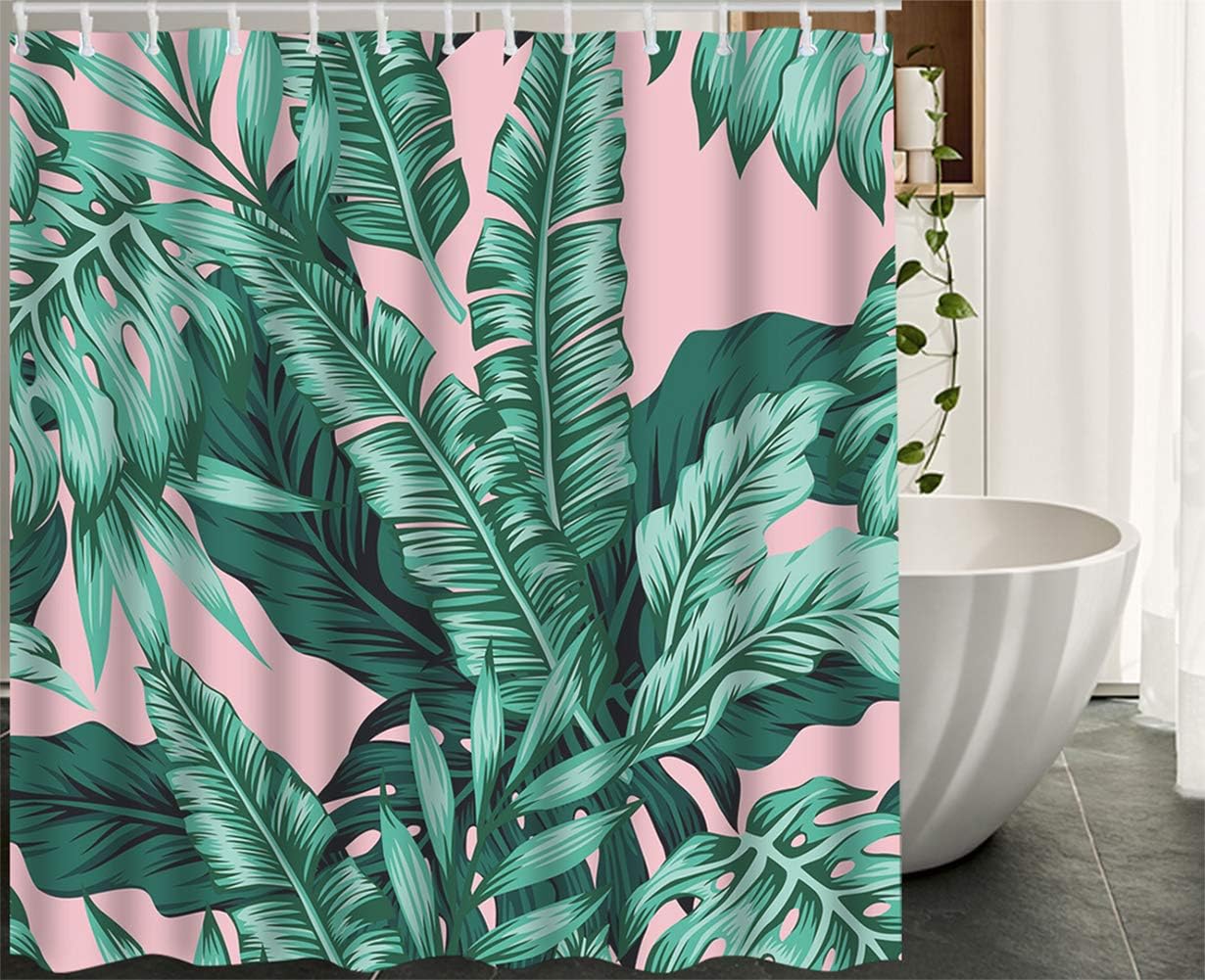 Amazon Com Hgod Designs Tropical Shower Curtain Tropical Banana Grenn Leaves In The Pink Background Waterproof Shower Curtain Bathroom Decor Set With Hooks Size 60x72 Inch Home Kitchen