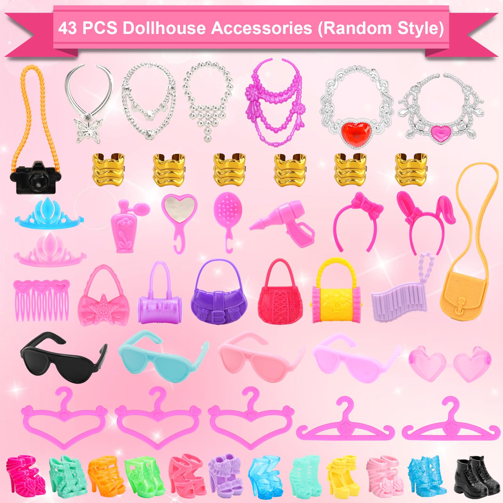 BARWA 53 pcs Doll Clothes and Accessories 10 pcs Party Dresses with 42 pcs Shoes, Crown, Necklace, Hangers, Bags, Accessories for 11.5 inch Doll