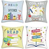 Bonhause Reading Books Throw Pillow Covers 18 x 18 Inch Set of 4 Kids Reading Room Classroom Decorative Cushion Covers for Children Nursery Room Library Decor