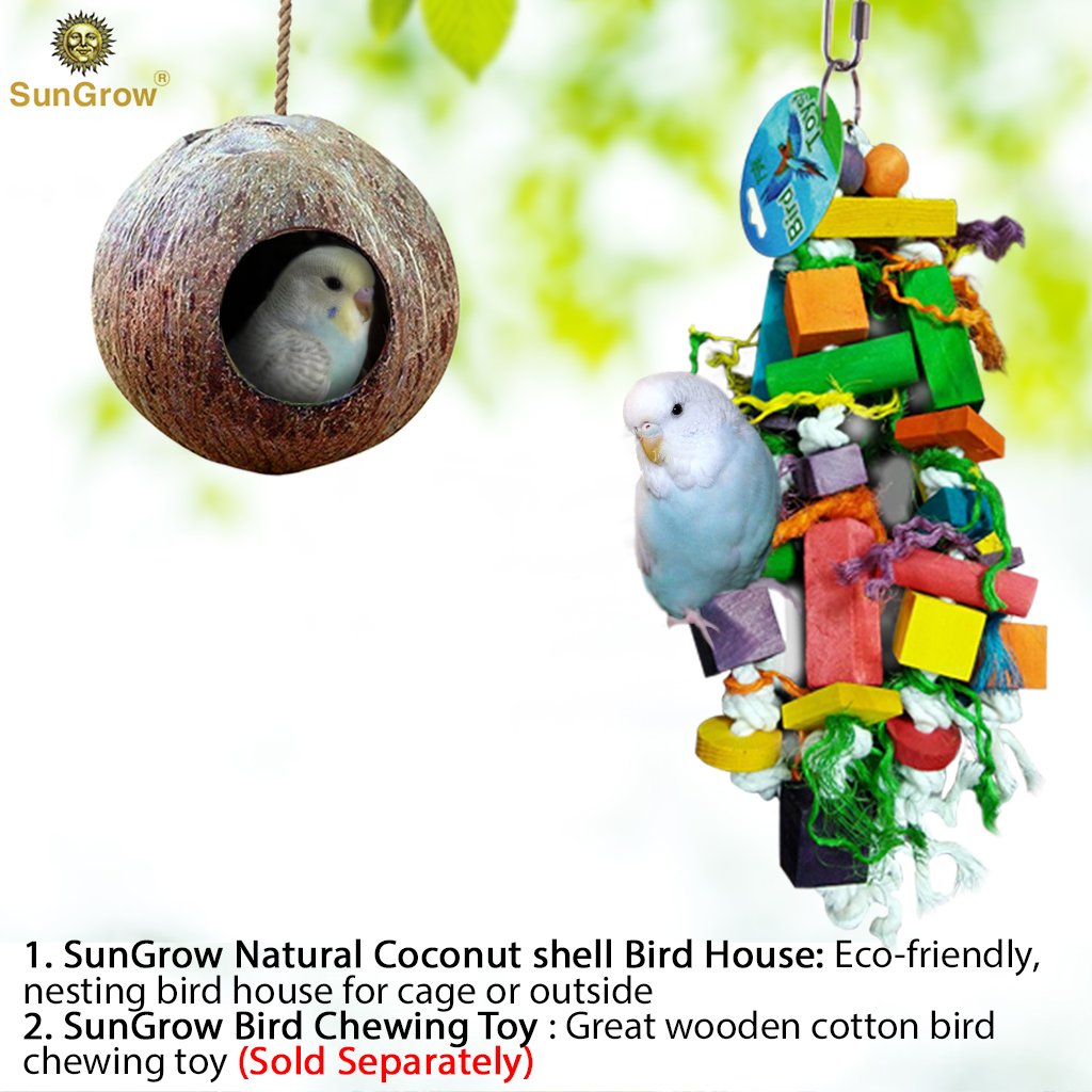 SunGrow Bird House: 100% Natural Coconut Shell: Nesting House or Bird Feeder: Sustainable Materials: Natural Textures Encourage Foot and Beak Exercise: Includes Hanging Loop