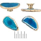 Malimali Unique Natural Blue Agate Cabinet Knobs and Pulls Set of 4 | Knobs for Cabinets and Drawers Gold Dresser Knobs, Bifold Door Knob, Irregular Stone Knobs, For Closet Door/Kitchen/Cupboard