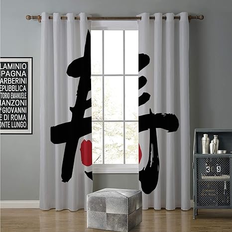 Amazon Co Jp Jinguizi 遮光カーテン クリエイティブ 遮光 窓用ドレープ 1 108インチ 漢字の日本語イラスト 筆記用言葉プリント チャコールグレー バーミリオンとホワイト ホーム キッチン