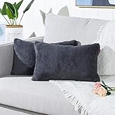 MANDIOO Pack of 2 Grey Faux Soft Fur Fuzzy Cozy Decorative Throw Pillow Covers Set Lumbar Cushion Cases Pillowcases for Sofa Bedroom Car 12x20 Inches