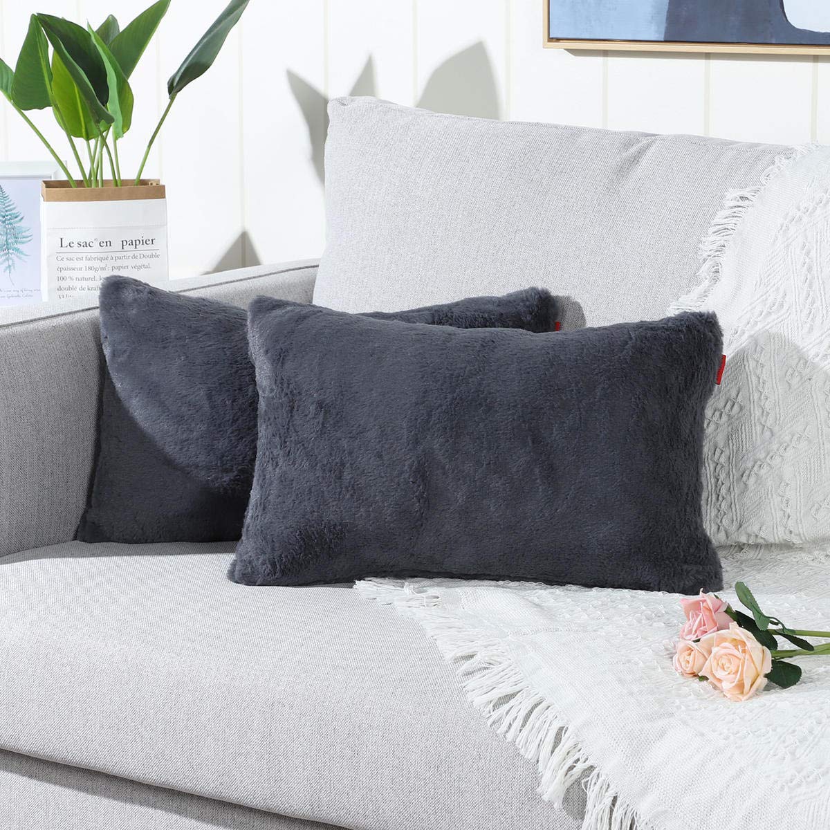Mandioo Grey Faux Fur Cushion Covers 12x20 Inches Lumbar Cushion Cases Fuzzy Cozy Soft Decorative Throw Pillowcases for Sofa Bedroom Car 30cmx50cm,Pack of 2
