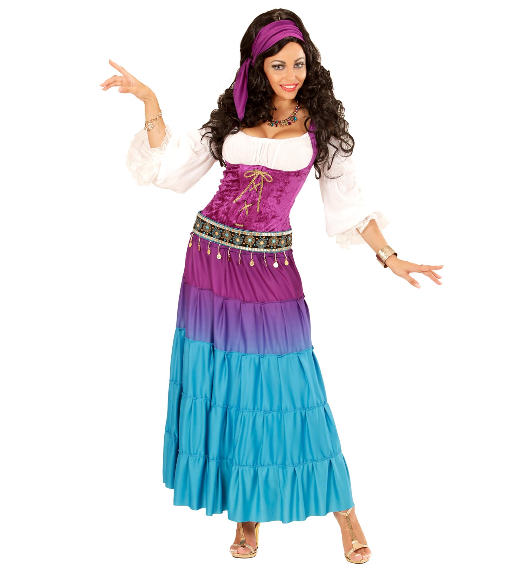 Widmann 67735 GYPSY (Dress, Coin Belt, Bandana) 67735 Gypsy for Carnival, Theme Party, Purple/Blue/Turquoise, XXL