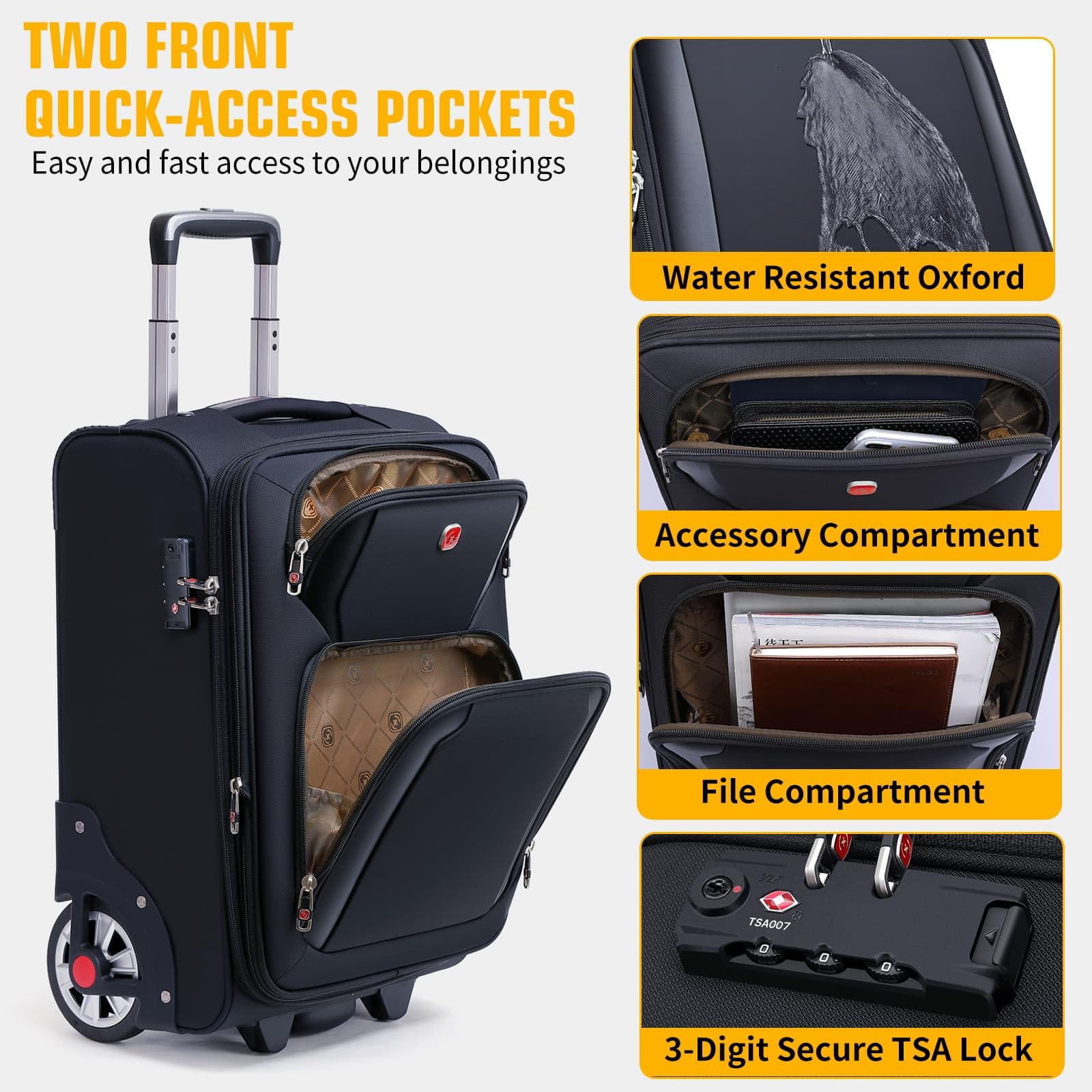 Laduga Softside Expandable Luggage with Large Steel Wheels Carry-On Luggage Suicase (Black, 21-Inch)
